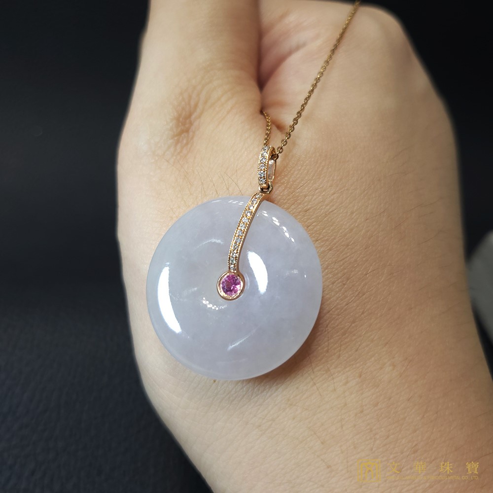 冰種同心圓 平安扣玉墜 玫瑰金座台 鑲嵌粉紅剛玉(已售出)