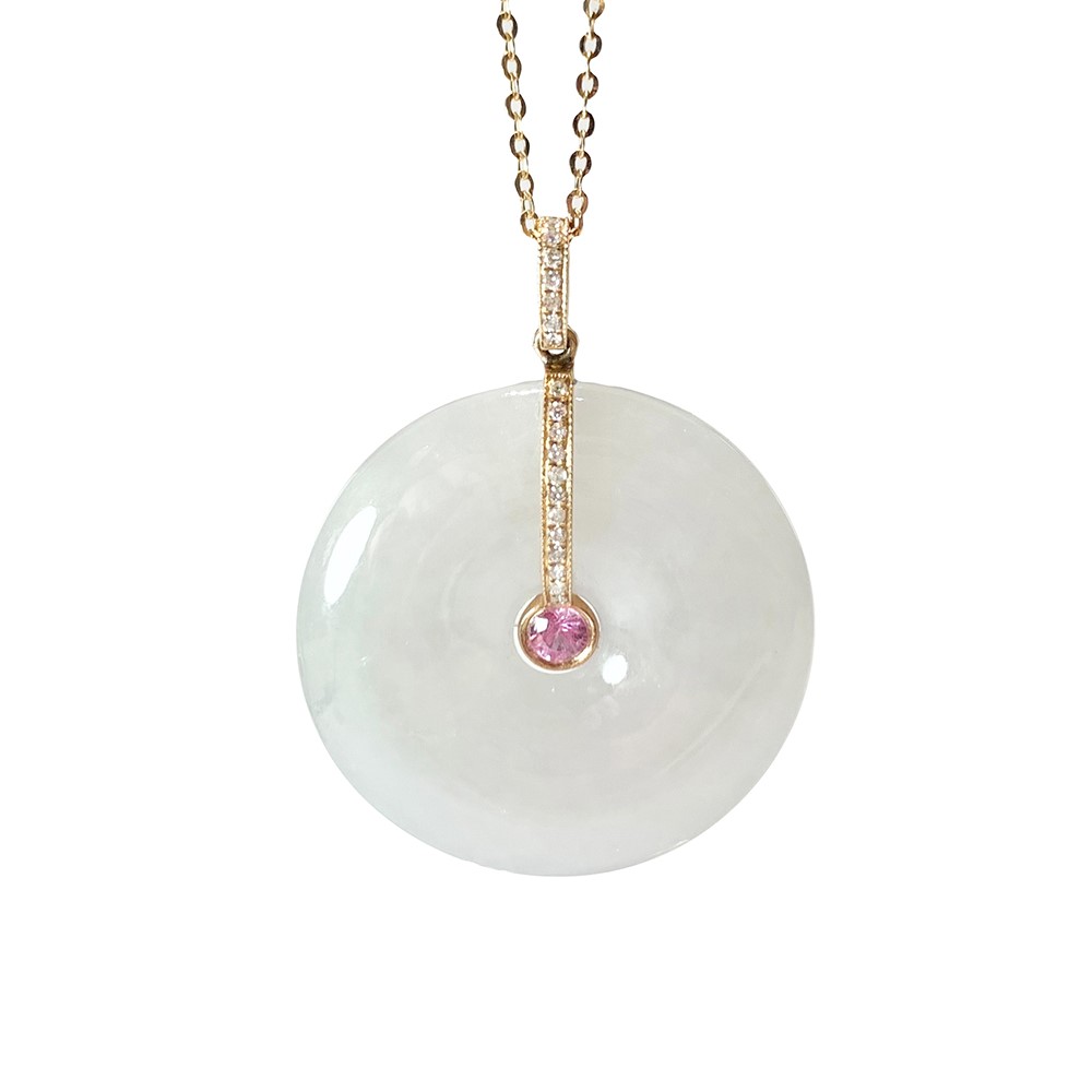 冰種同心圓 平安扣玉墜 玫瑰金座台 鑲嵌粉紅剛玉(已售出)