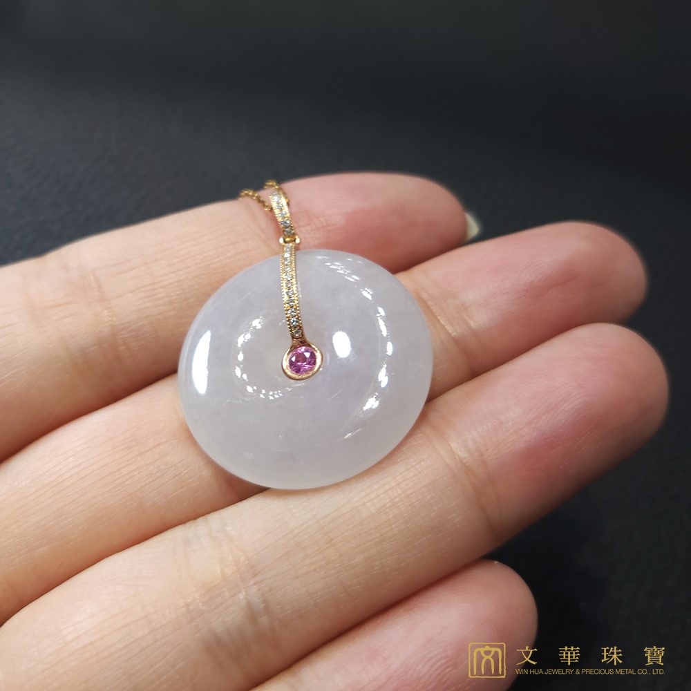 冰種同心圓 平安扣玉墜 玫瑰金座台 鑲嵌粉紅剛玉(已售出)