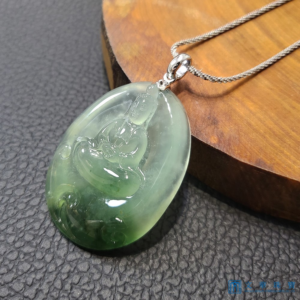 冰玻花青觀音玉牌