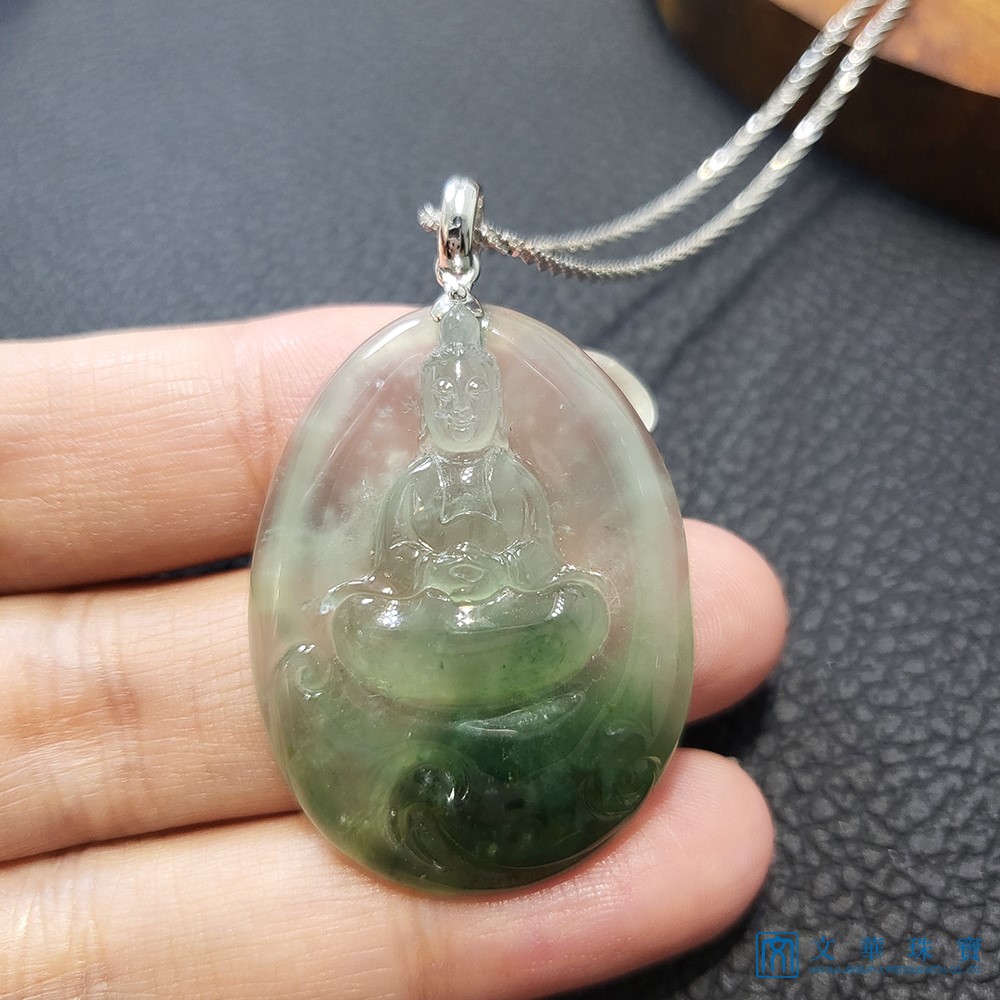 冰玻花青觀音玉牌