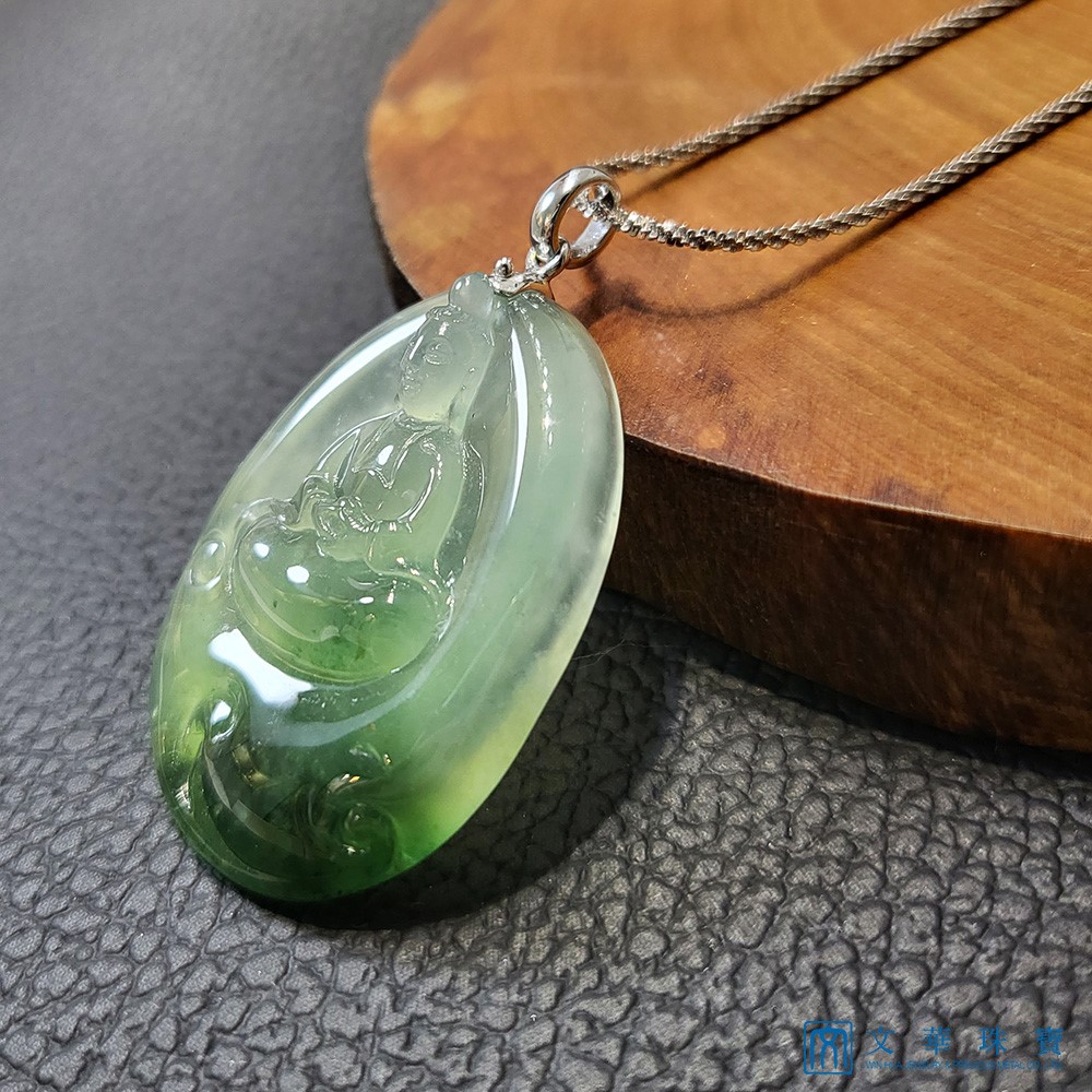 冰玻花青觀音玉牌