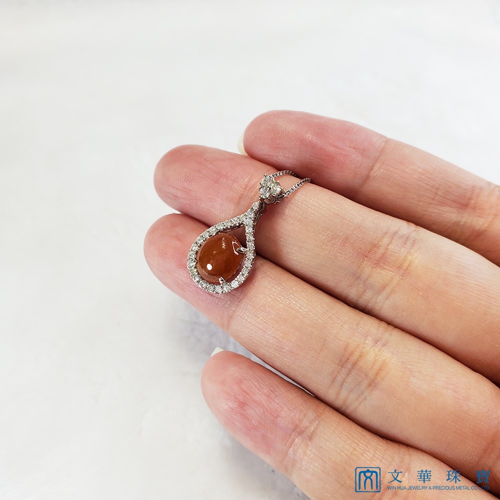  紅翡蛋面水滴型翡翠鑽墜