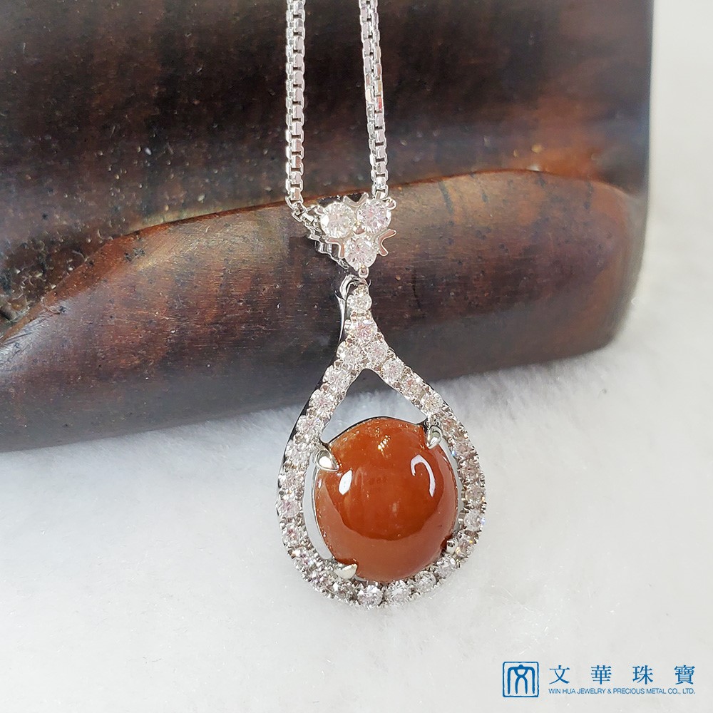  紅翡蛋面水滴型翡翠鑽墜