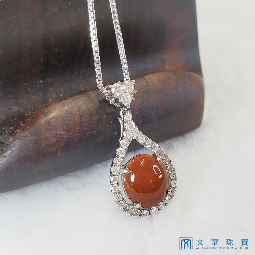  紅翡蛋面水滴型翡翠鑽墜