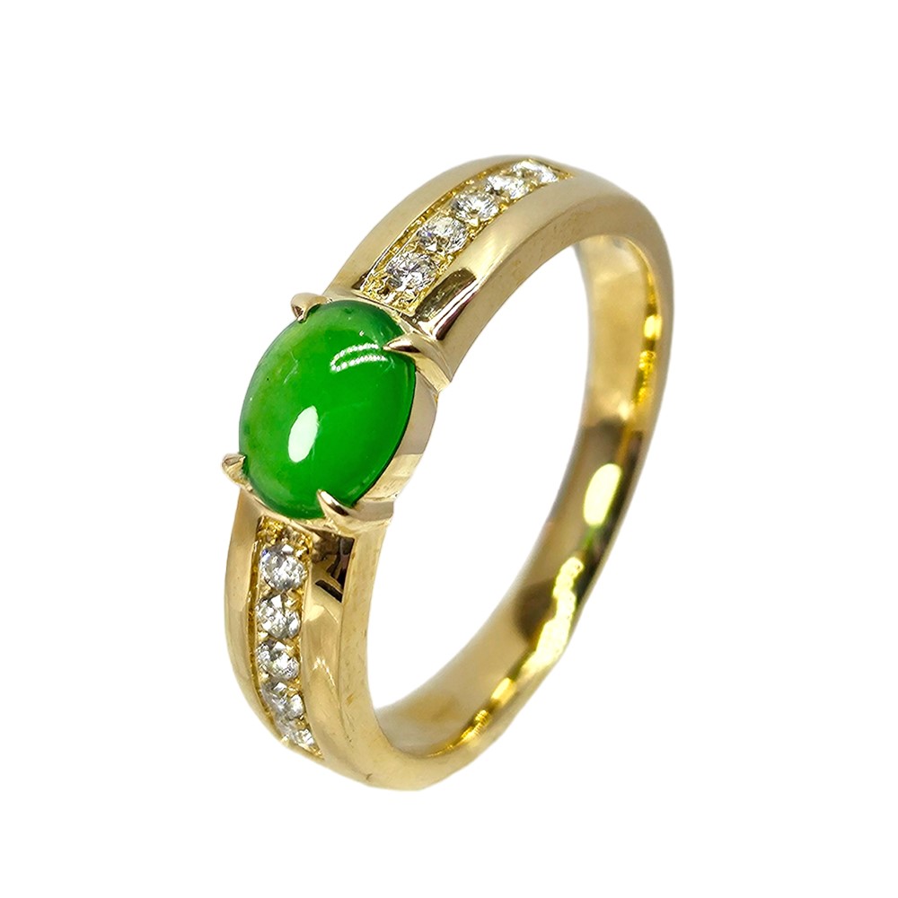 帝王綠翡翠蛋面鑽戒 黃K金 國際圍10號(已售出)