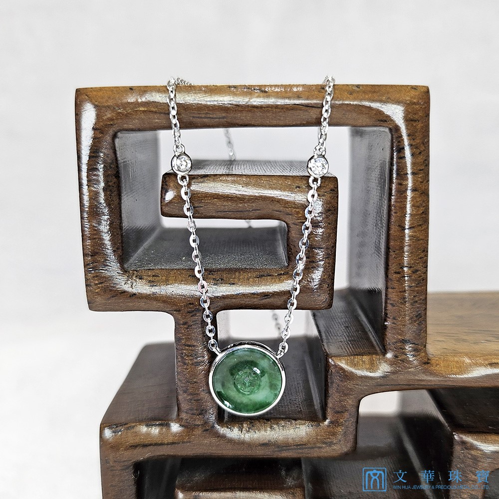 翡翠花青鈕扣K金項鍊 白K金750