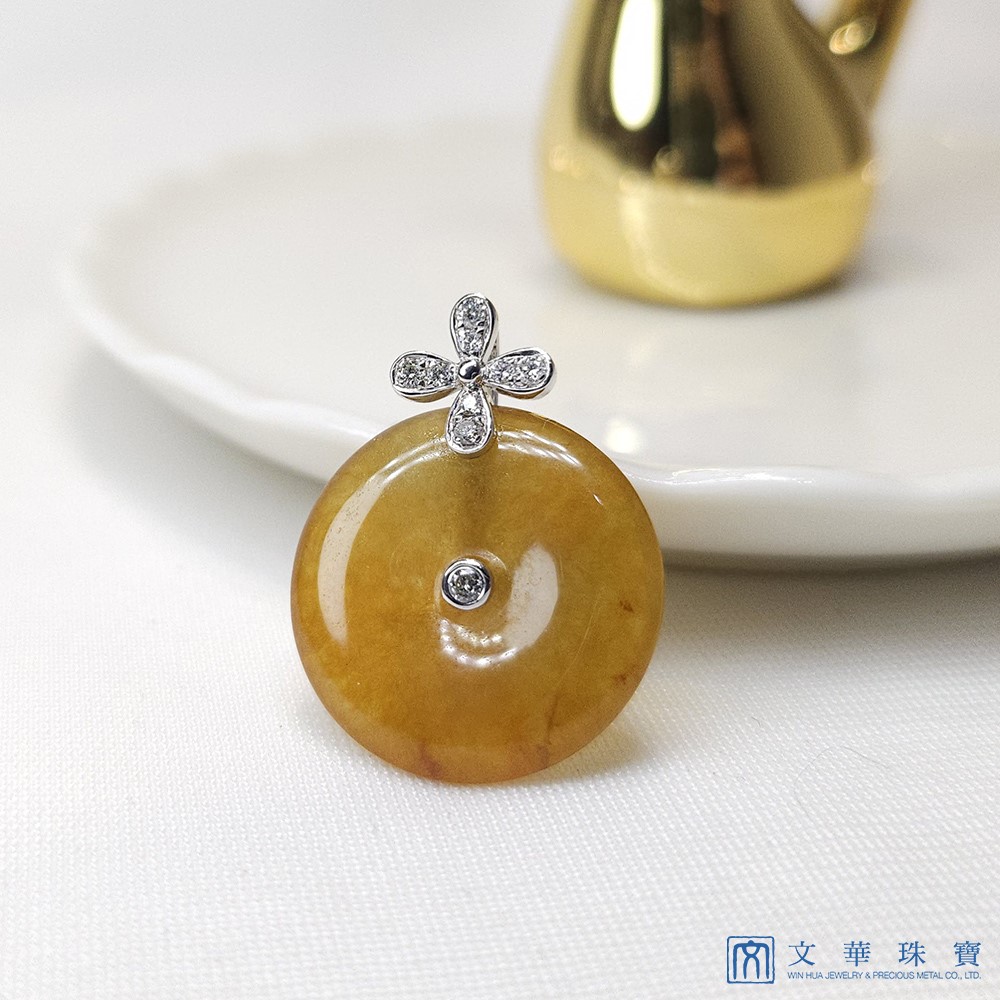 冰種黃翡平安扣花花鑽墜