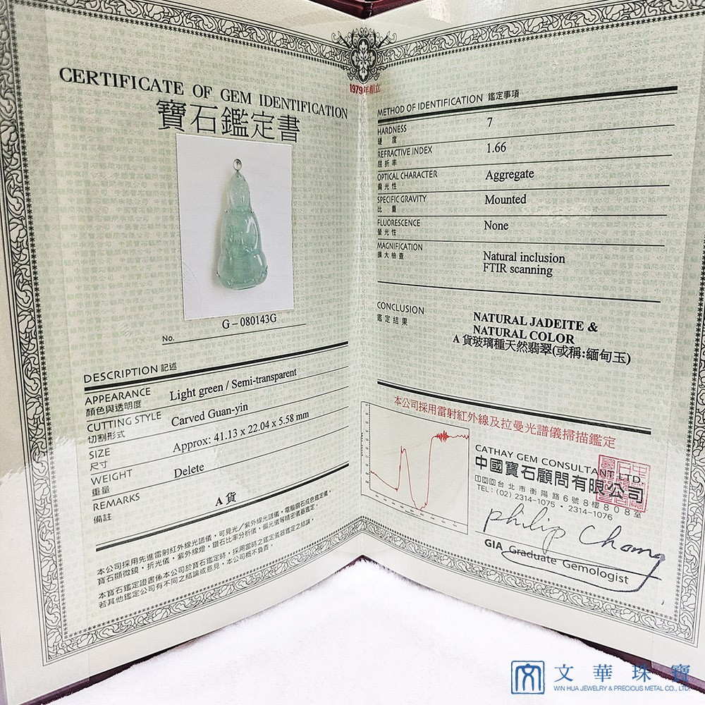 玻璃種蘋果綠觀音玉墜 附中國寶石鑑定證書