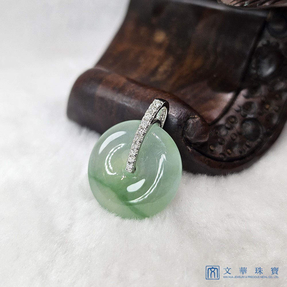 翡翠玻璃種飄綠平安扣玉墜 附中國寶石證書