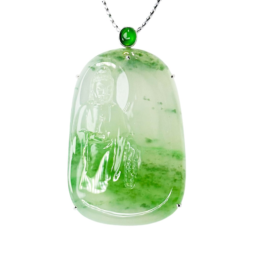 翡翠玻璃種飄綠花觀音玉牌 附中國寶石證書