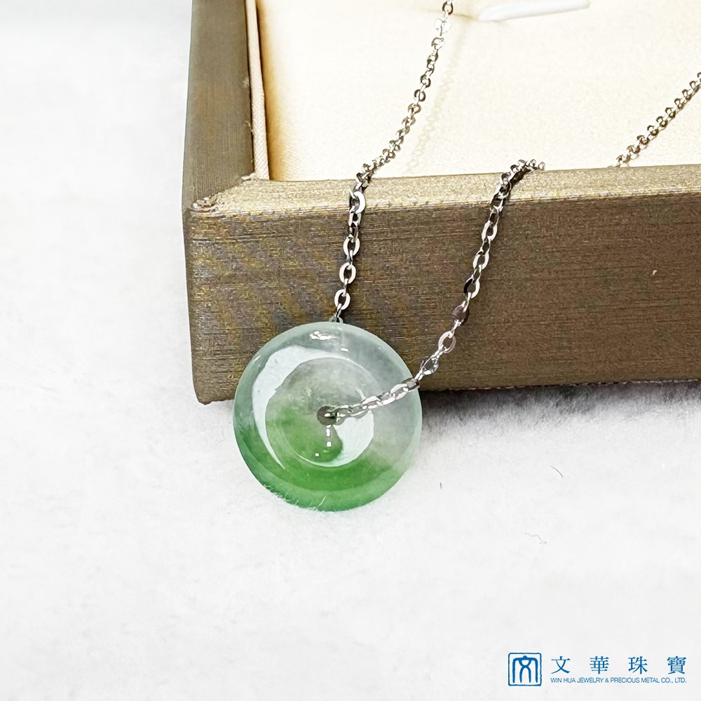 翡翠玻璃種帶綠平安扣白K金項鍊 18K金(已售出)