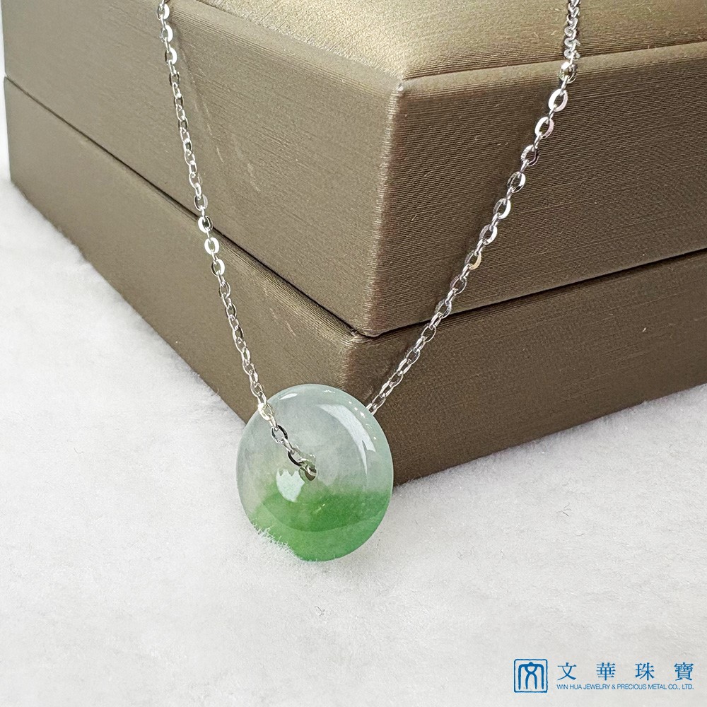 翡翠玻璃種帶綠平安扣白K金項鍊 18K金(已售出)