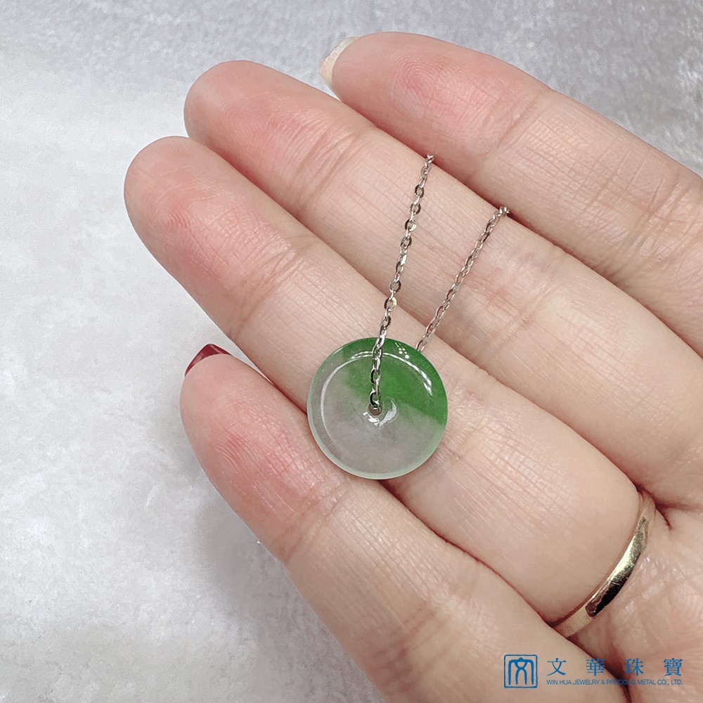翡翠玻璃種帶綠平安扣白K金項鍊 18K金(已售出)