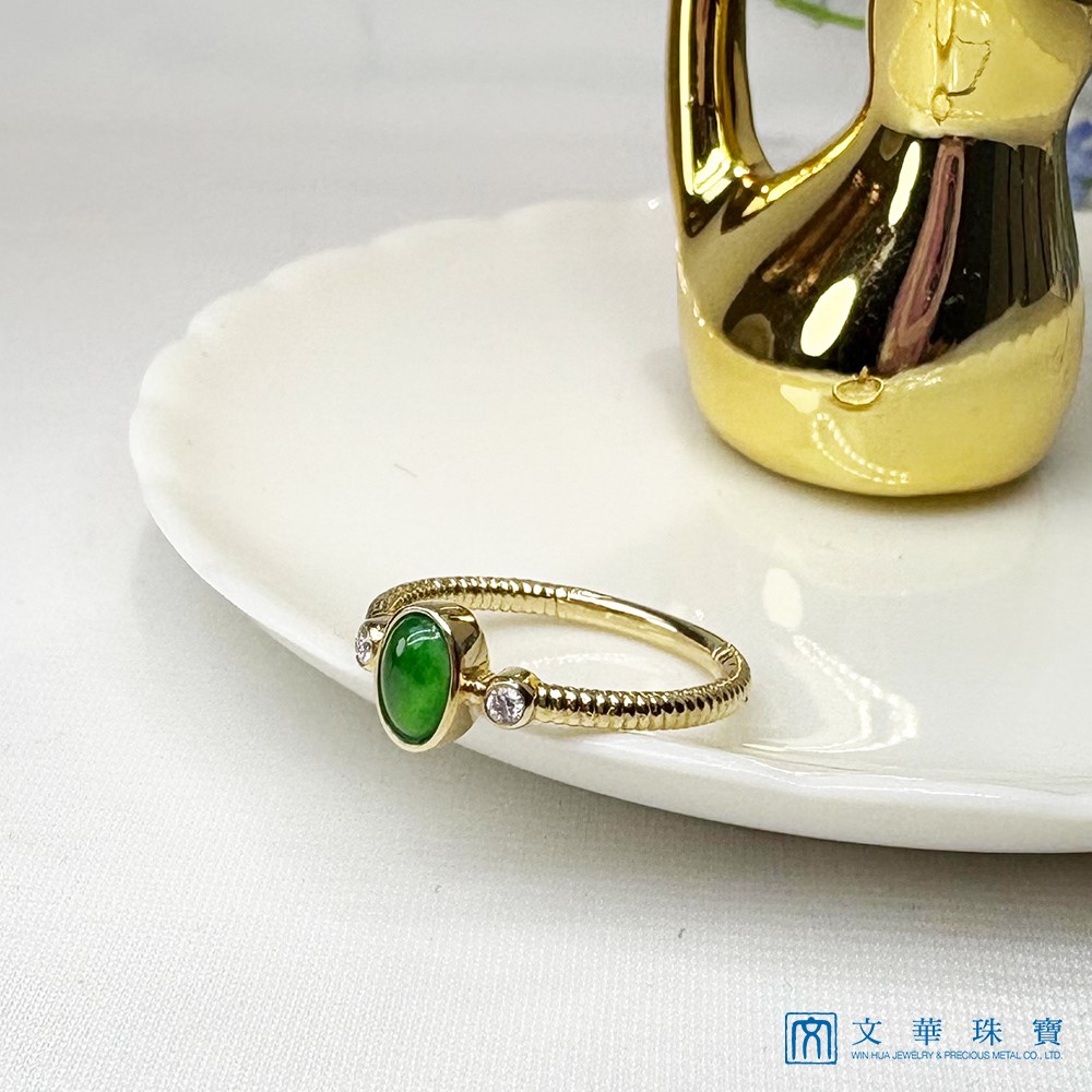 冰種帝王綠翡翠黃K螺旋戒指 國際圍9號
