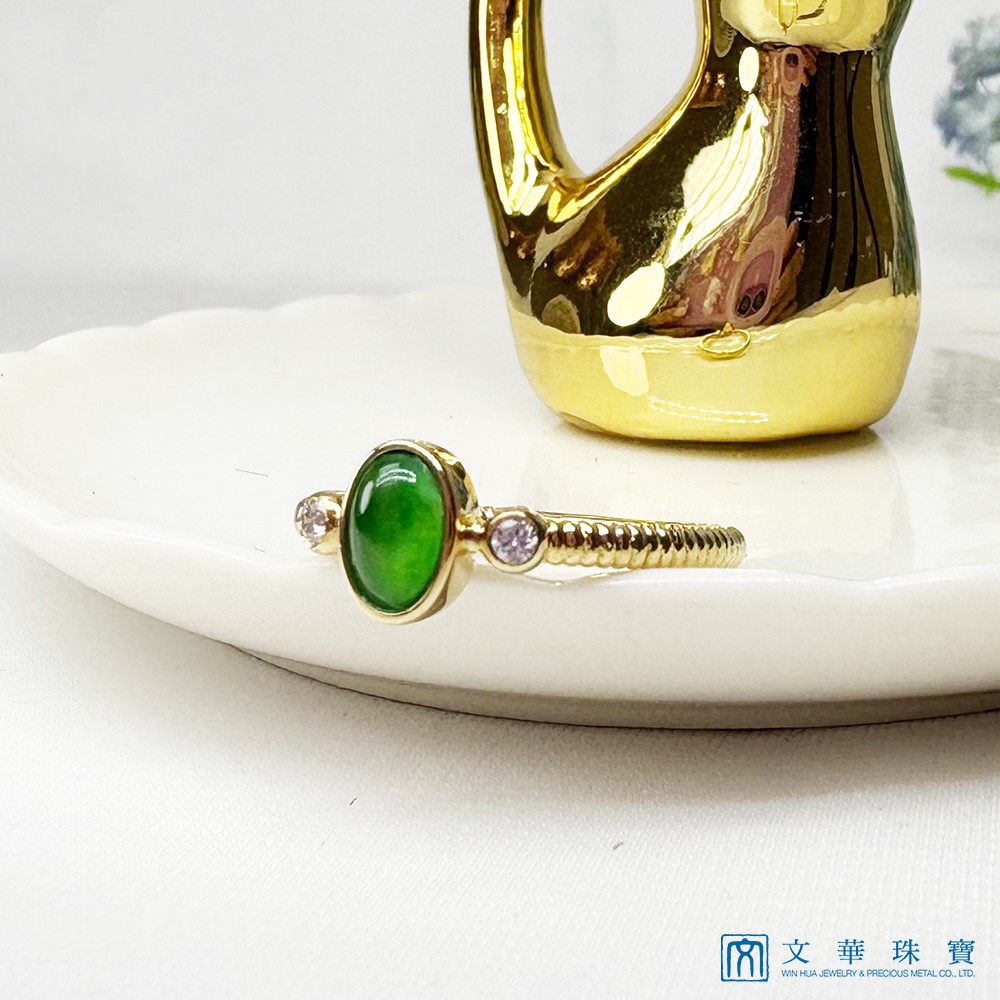 冰種帝王綠翡翠黃K螺旋戒指 國際圍9號
