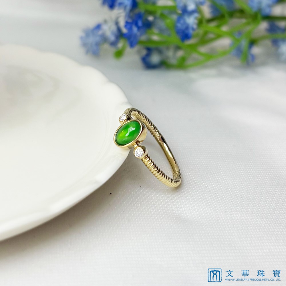冰種帝王綠翡翠黃K螺旋戒指 國際圍9號