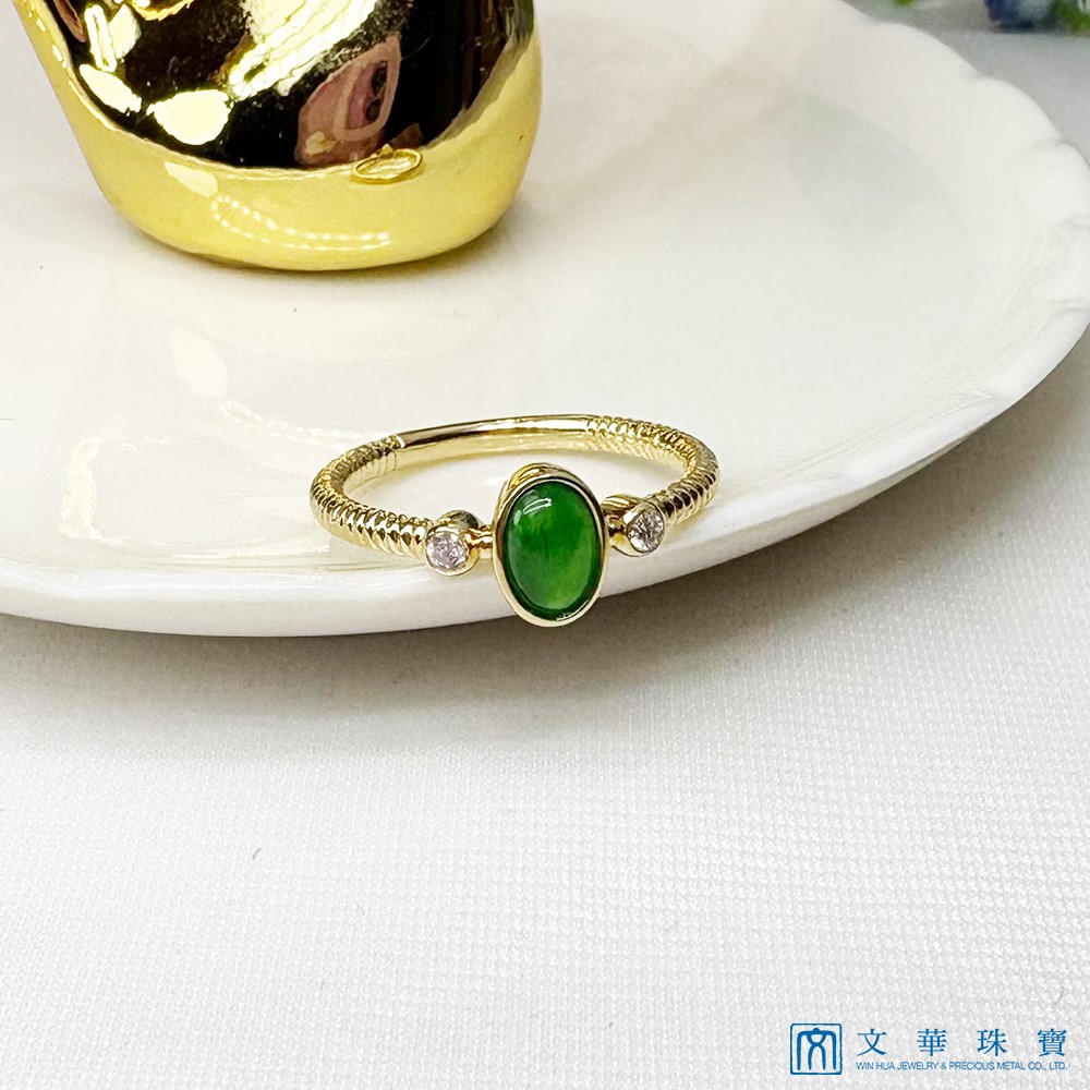 冰種帝王綠翡翠黃K螺旋戒指 國際圍9號