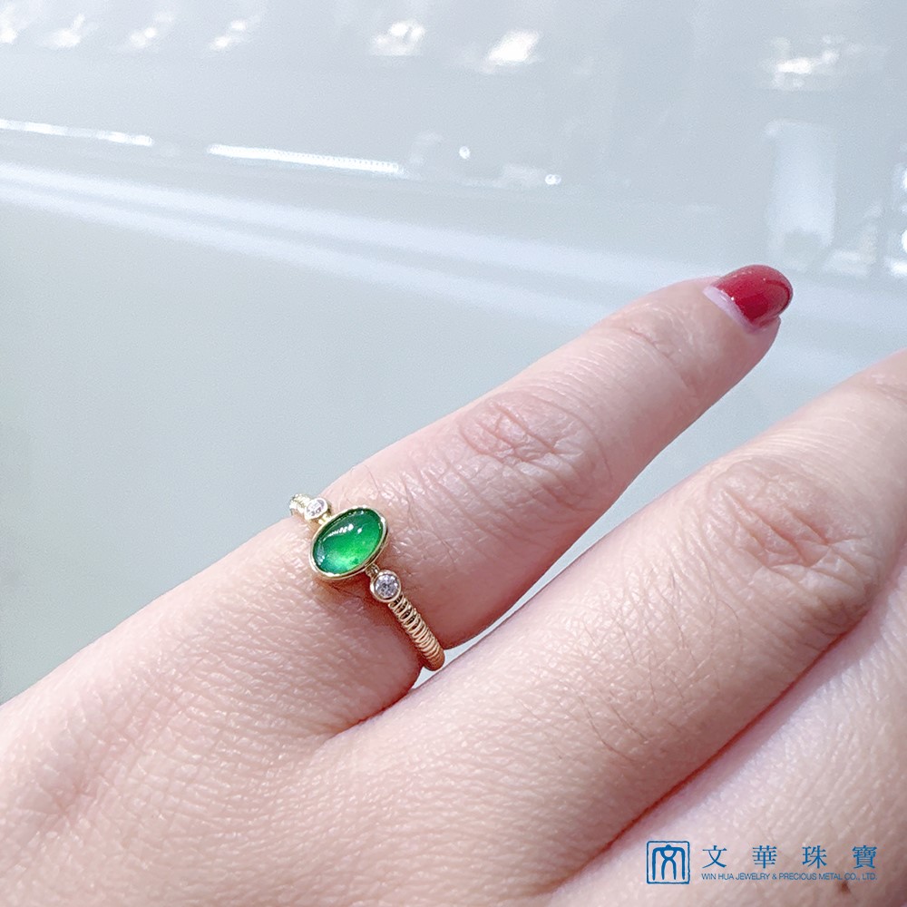 冰種帝王綠翡翠黃K螺旋戒指 國際圍9號