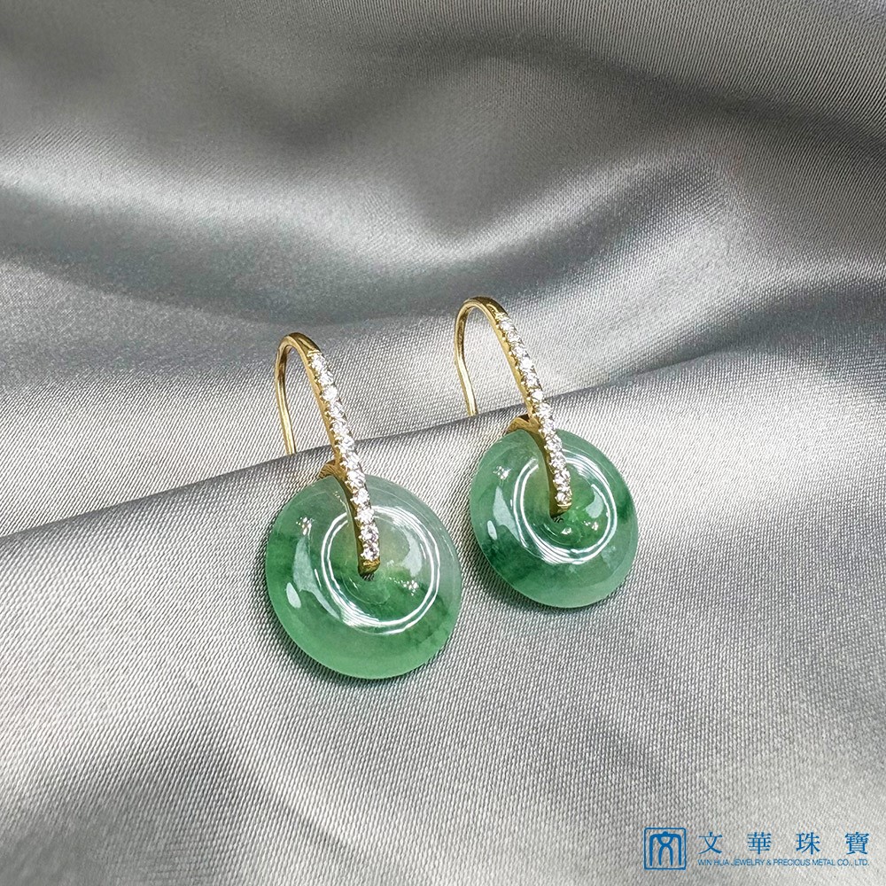 翡翠高冰飄綠平安扣黃K金鑽石耳環