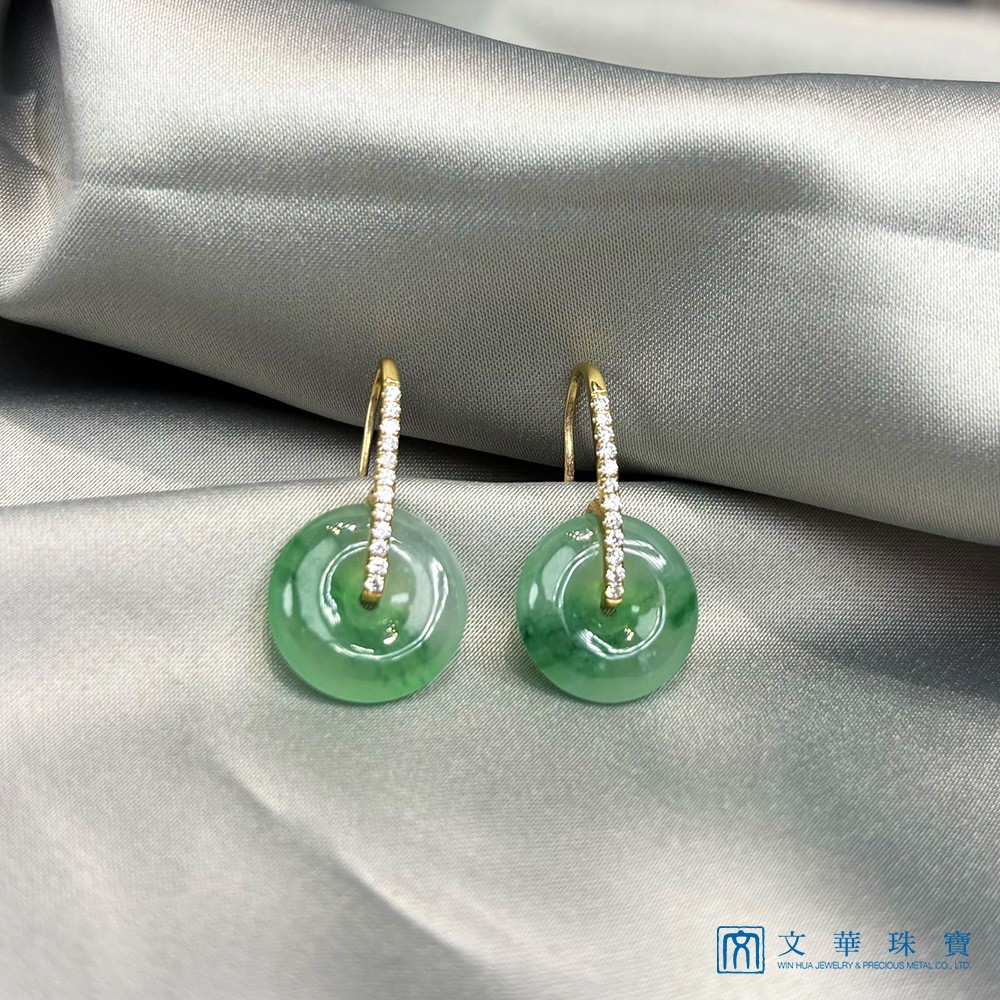 翡翠高冰飄綠平安扣黃K金鑽石耳環