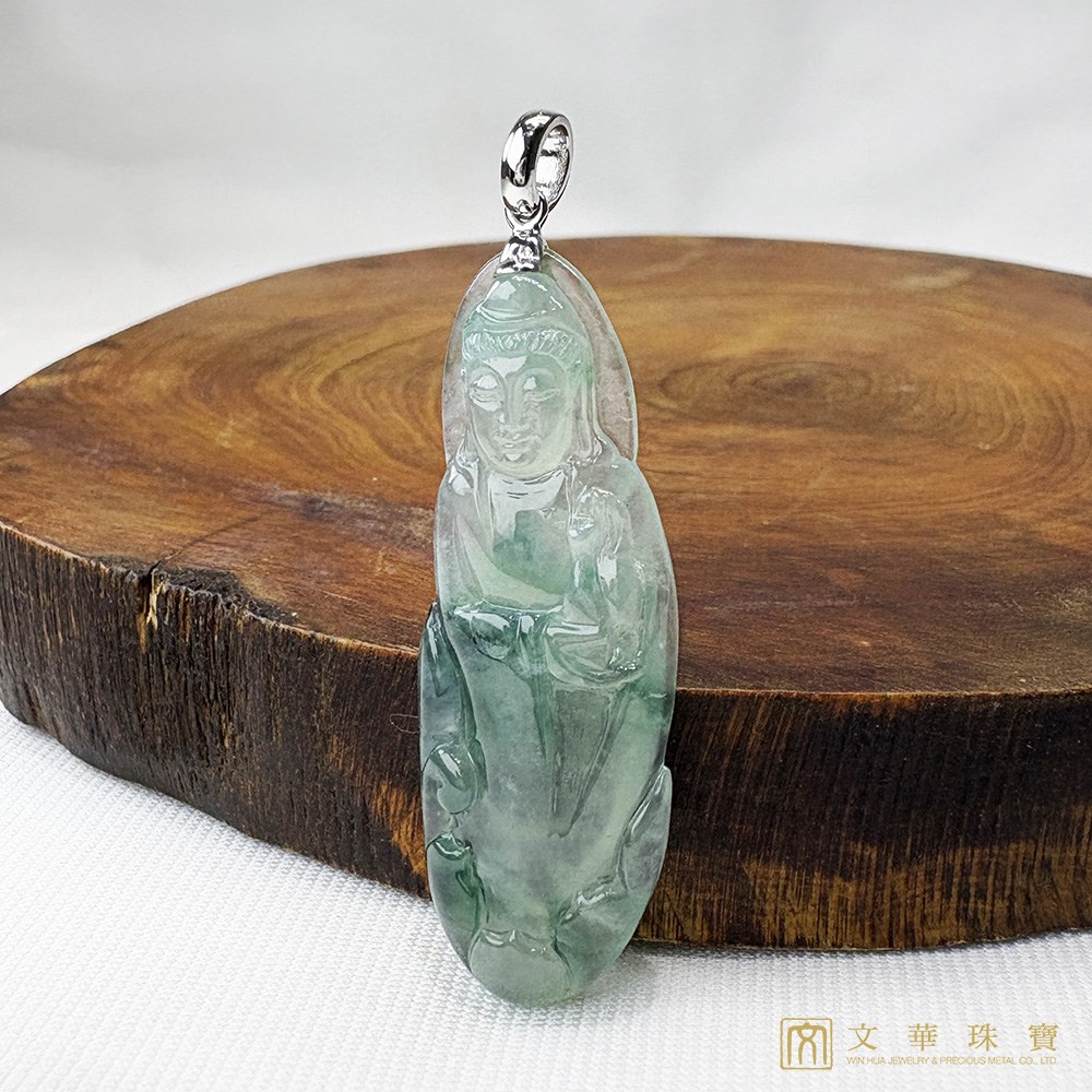 玻璃種飄花站觀音翡翠玉墜