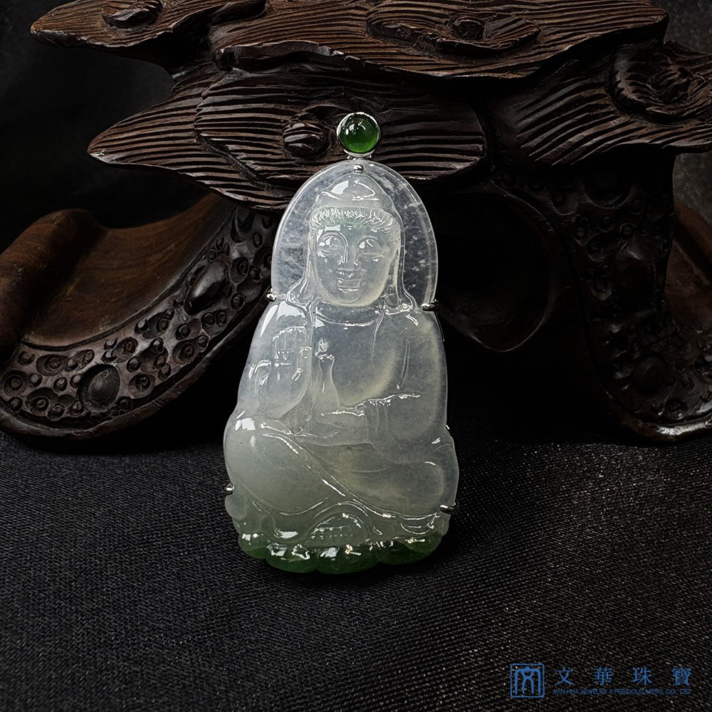 冰種帶翠觀音翡翠玉墜
