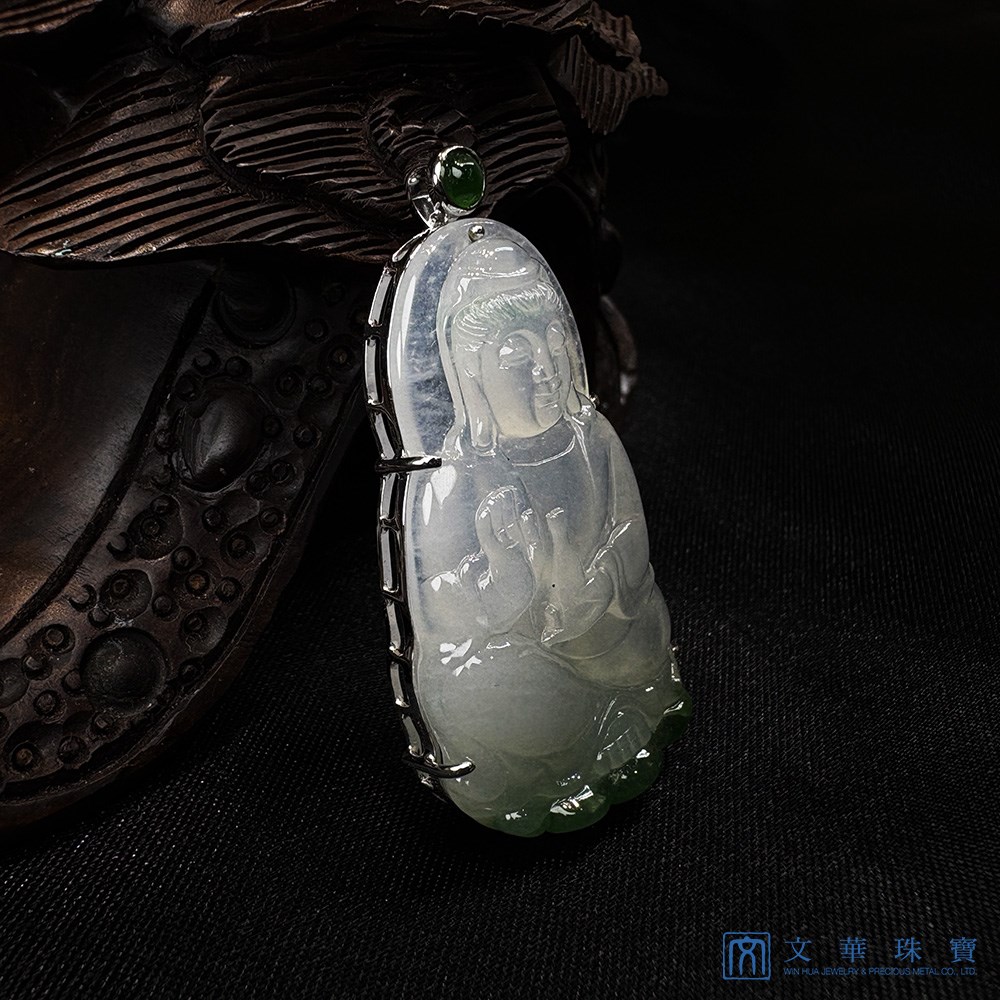 冰種帶翠觀音翡翠玉墜