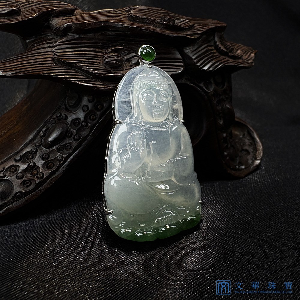 冰種帶翠觀音翡翠玉墜