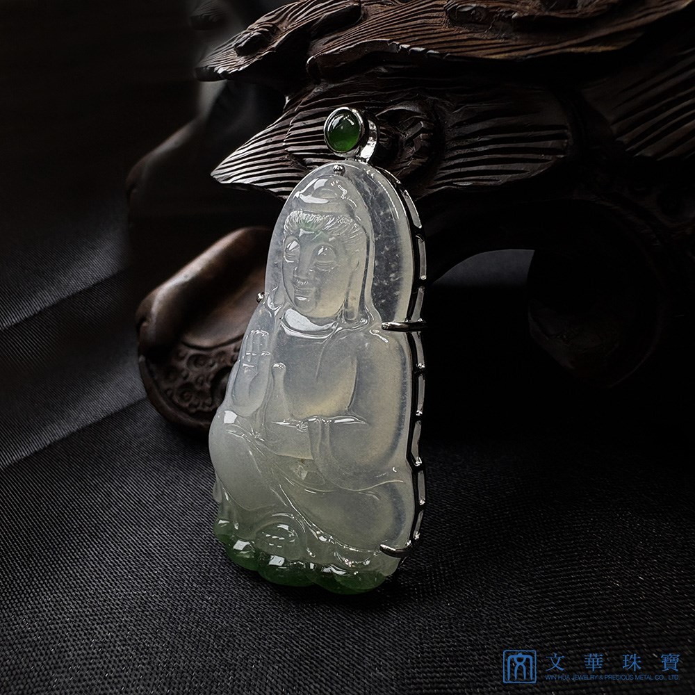 冰種帶翠觀音翡翠玉墜
