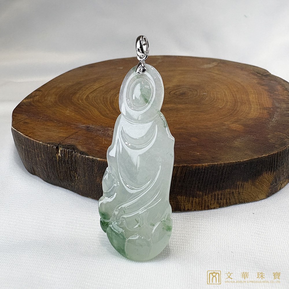 冰種帶翠綠立姿觀音玉墜