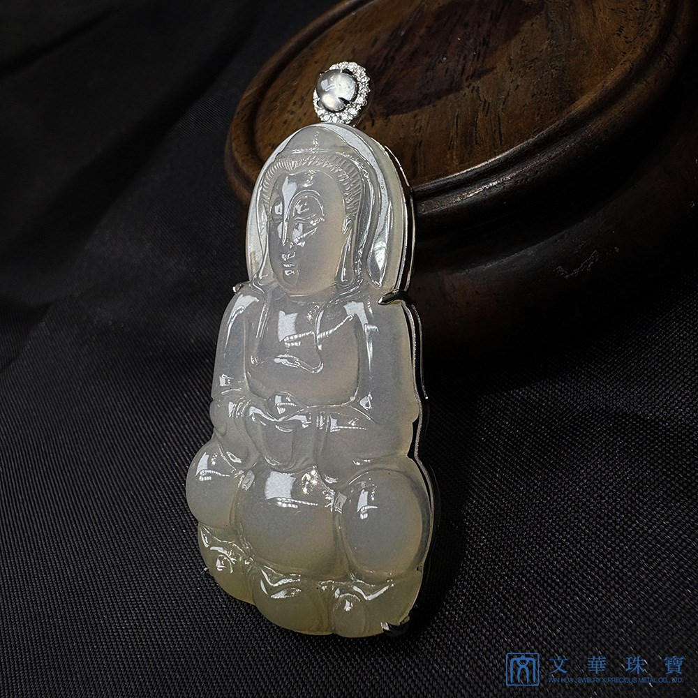 冰種帶茶金觀音翡翠玉墜