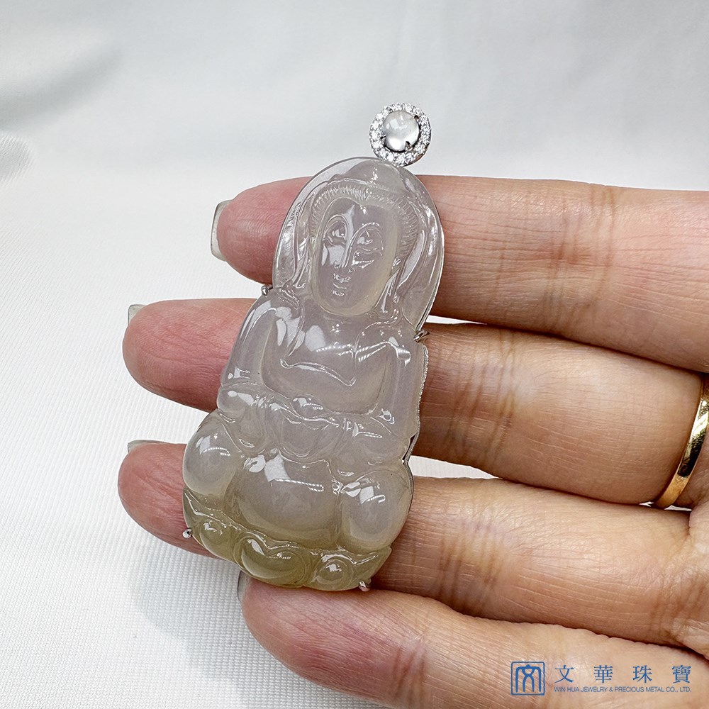 冰種帶茶金觀音翡翠玉墜