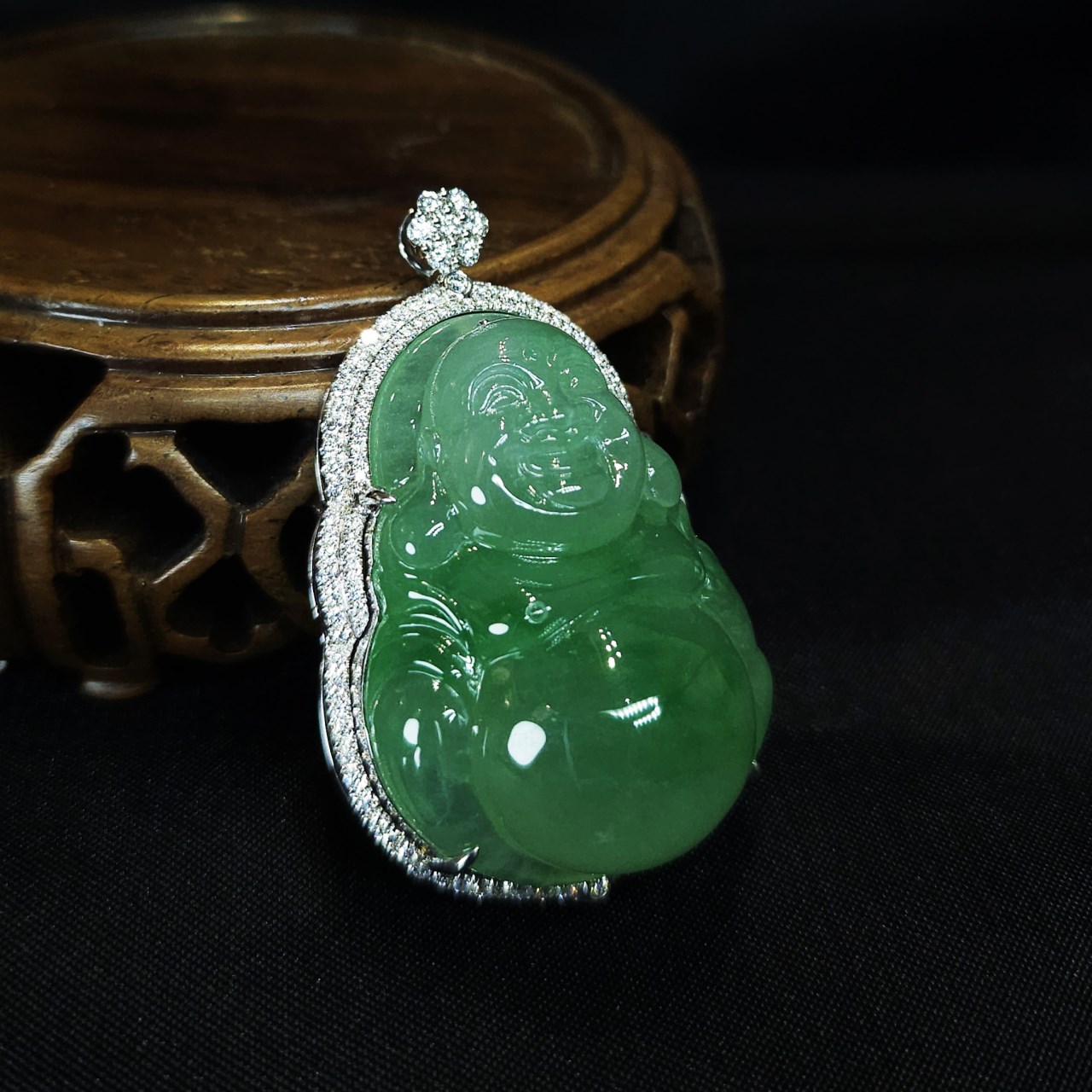 翡翠玻璃種翠綠彌勒佛鑽墜
