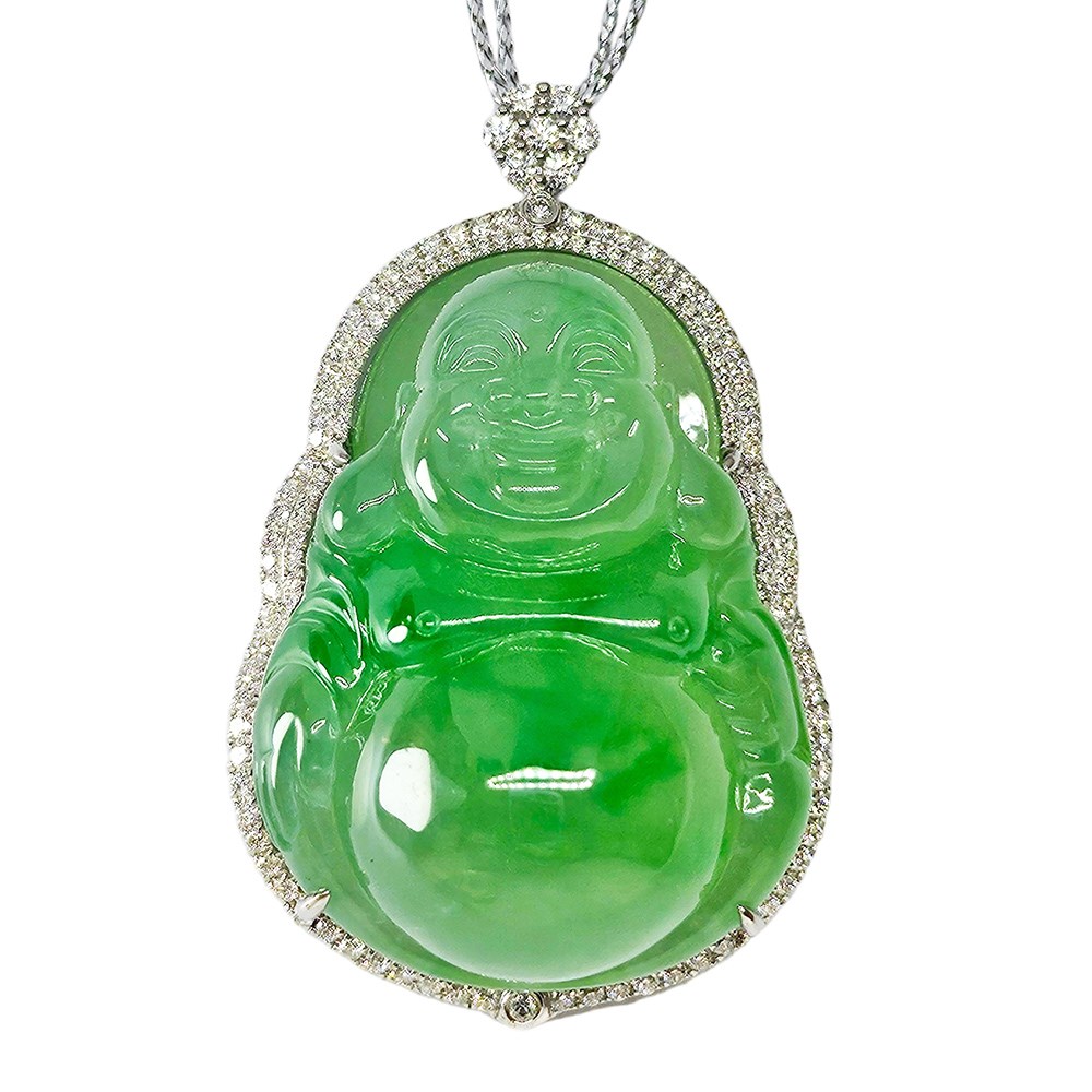 翡翠玻璃種翠綠彌勒佛鑽墜