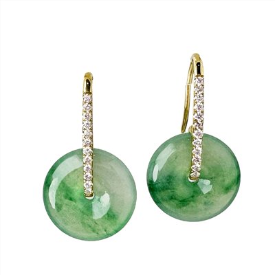 翡翠高冰飄綠平安扣黃K金鑽石耳環